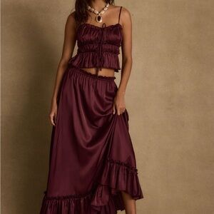 12th Tribe Burgundy Dahlia Mulberry Satin Maxi Skirt Set